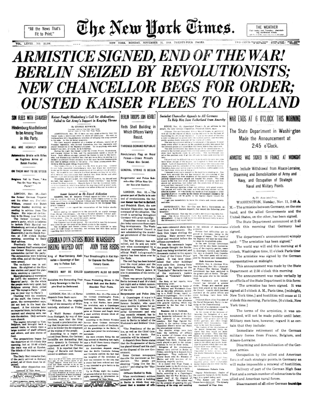 Titelseite der New York Times vom 11. November 1918 mit einer Schlagzeile über das Ende des Ersten Weltkriegs und einem begleitenden Schwarz-Weiß-Porträt eines Mannes in Anzug und Krawatte.