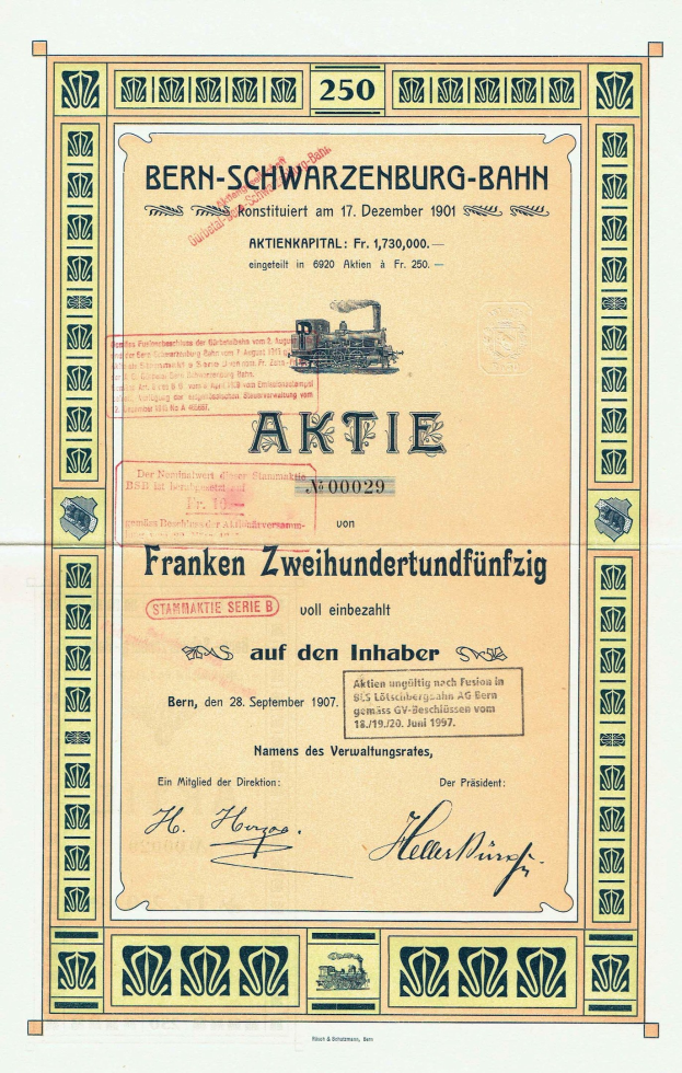 Altes deutsches Regierungsaktienzertifikat für Bern-Schwarzenburg-Bahn mit einer Bahn-Illustration und gedrucktem Text.