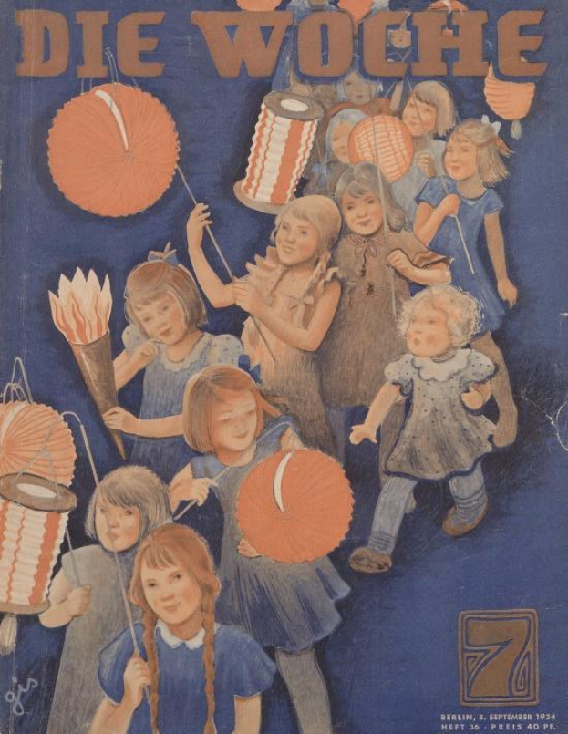 Titelbild der *Die Woche* Zeitschrift mit Kindern in traditioneller deutscher Kleidung, die buntfarbige Laternen halten, feiernd am 7. September 1934, mit der Aufschrift "Fröhliches neues Jahr."