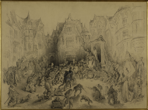 Ein gerahmtes Zeichnung eines belebten Stadtstraßenbildes mit Menschen, die stehen und sitzen und eine lebhafte Atmosphäre schaffen, mit Gebäuden im Hintergrund.