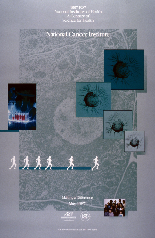 Buntes Plakat für das National Cancer Institute mit einem blauen Hintergrund, fettem weißem "National Cancer Institute"-Text und einer überlappenden kreisförmigen Anordnung von lächelnden Bildern von verschiedenen Menschen.
