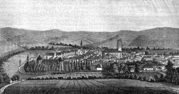 Schwarze und weiße Zeichnung einer kleinen Stadt in einem Tal umgeben von Bäumen und Hügeln, mit Text "Bayern, Deutschland, 1857" oben.