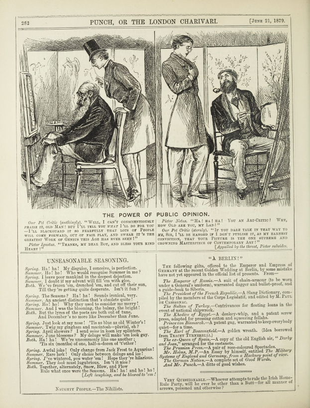 Illustration eines alten Buchumschlags mit einem Mann in einem Anzug, der in einem Stuhl sitzt und einen nachdenklichen Ausdruck hat, und einer Frau, die neben ihm steht und nachdenklich ausschaut, mit der Überschrift "Die Macht der öffentlichen Meinung".