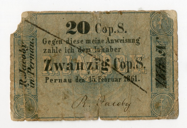 Alte deutsche 20-Mark-Banknote von 1861 mit gedrucktem Text und Zahlen auf einem weißen Hintergrund.