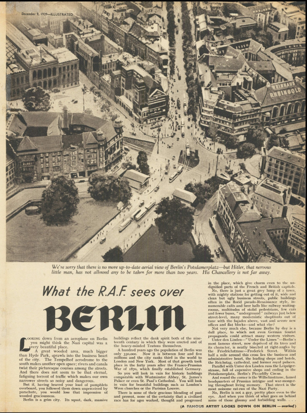 Schwarzes und weißes Zeitungsfoto, das eine Stadtlandschaft mit Gebäuden, Bäumen und Fahrzeugen zeigt, begleitet von Text.