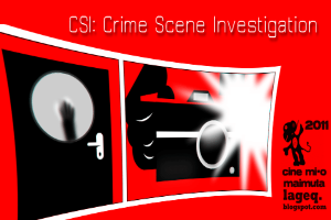 Ein rotes Plakat mit "CSI Crime Scene Investigation" in fetter weißer Schrift, das eine Person in einer schwarzen Kapuzenjacke mit entschlossener Miene zeigt, umgeben von einem schwarzen und weißen Rand, vor einem dunklen blauen Hintergrund.