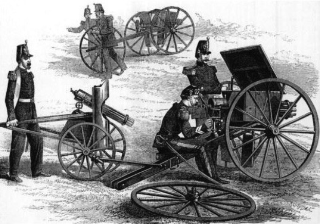 Eine Schwarz-Weiß-Zeichnung einer Gruppe von Männern in Uniform neben einem Geschütz, wobei einer auf dem Wagen sitzt und ein anderer auf dem Boden steht, mit der Beschriftung "Britische Artillerie" unten.