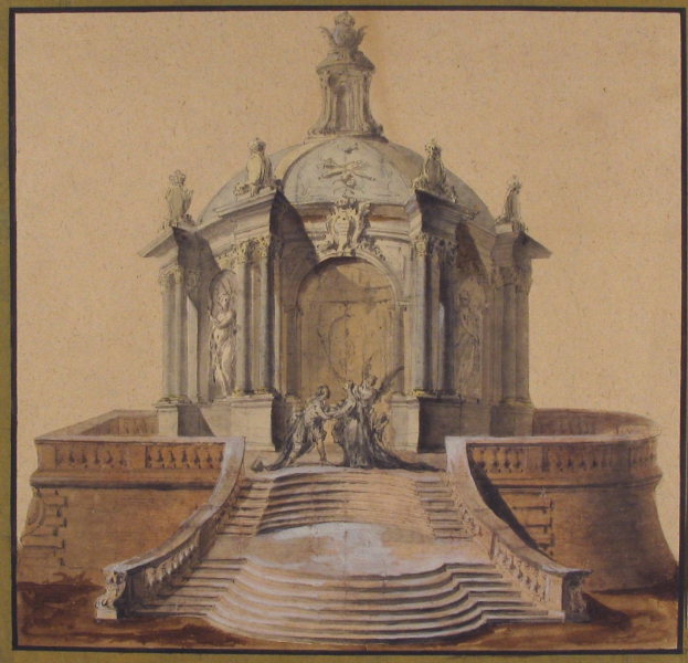 Ein gerahmtes Bild einer klassisch anmutenden Brunnenzeichnung mit einer Statue darauf, umgeben von Stufen und zusätzlichen Skulpturen.