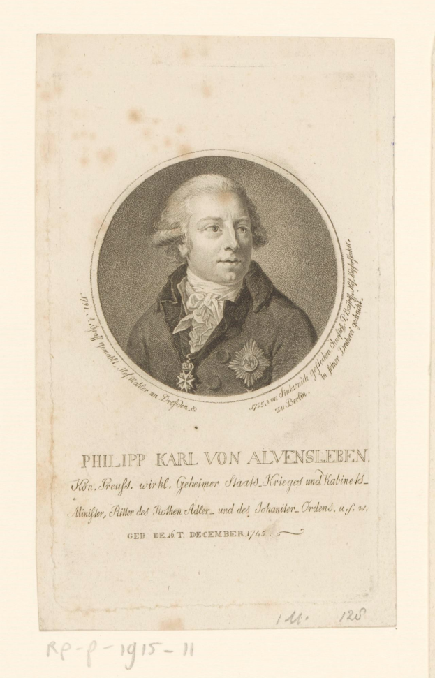 Portrait von Philipp Karl von Alvensleben, einem deutschen Staatsmann, der einen Anzug und eine Krawatte trägt und ernst dreinschaut, mit dunklen Haaren und vor der Brust verschränkten Händen, der in die Ferne schaut, mit Text über dem Bild.