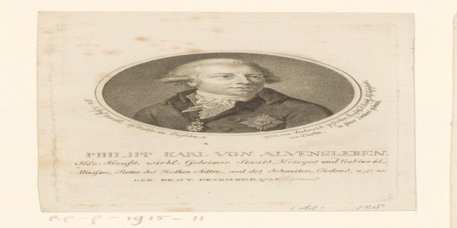 Portrait von Philipp Karl von Alvensleben, einem deutschen Staatsmann, der einen Anzug und eine Krawatte trägt und ernst dreinschaut, mit dunklen Haaren und vor der Brust verschränkten Händen, der in die Ferne schaut, mit Text über dem Bild.