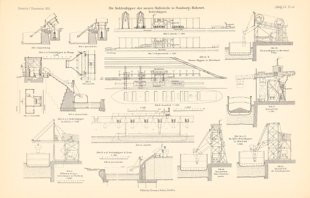 Eine handgezeichnete Skizze von Maschinen, einschließlich Kränen, mit begleitendem Text, der die Komponenten beschreibt.