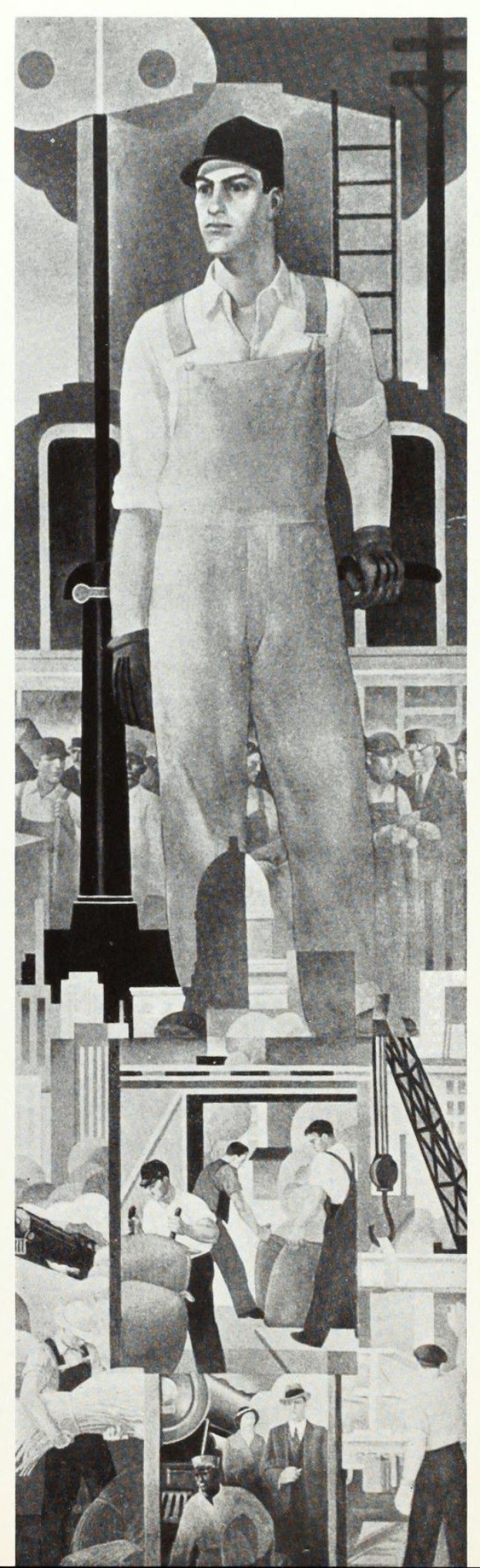 Schwarz-weiß-Kollage eines Mannes in Arbeitskleidung und Hut vor einem Gebäude, umgeben von Arbeitern, einer Leiter und anderen Gegenständen, mit dem Text 'Arbeiter in New York City' unten.