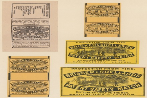 Papier mit mehreren beigefügten Zetteln, auf denen jeweils der Text "Brisker & Shellard's Patent Safety Match" steht.