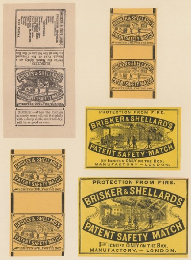 Papier mit mehreren beigefügten Zetteln, auf denen jeweils der Text "Brisker & Shellard's Patent Safety Match" steht.