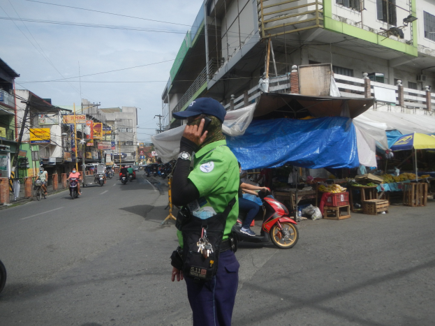 Polizeibeamter in grüner und blauer Uniform und blauer Mütze auf einer Straße stehend, der auf einem Handy spricht, mit Fahrzeugen und Marktständen im Hintergrund und einem Gebäude im bewölkten Himmel.