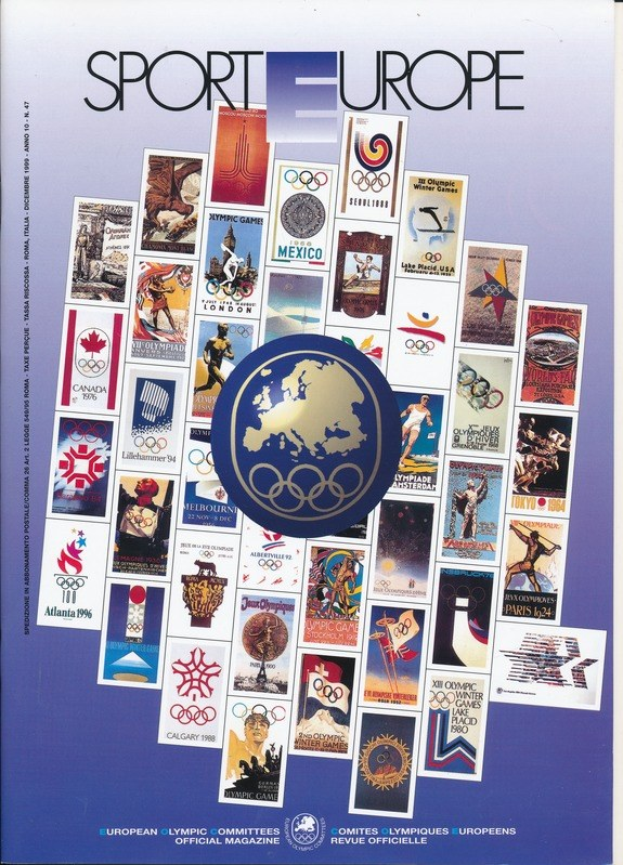 Ein Buchumschlag mit der Aufschrift "Sport in Europa" mit leuchtenden olympischen Bildern, Symbolen und Texten in detaillierten Designs.