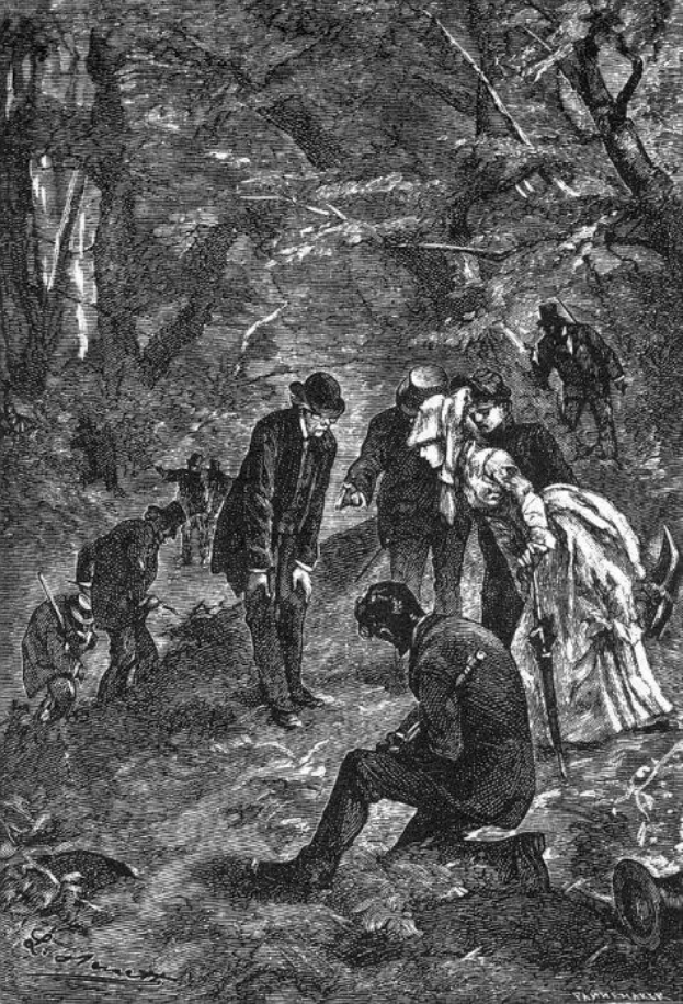 Schwarz-weiß-Illustration einer Gruppe von Menschen in einem bewaldeten Gebiet mit Bäumen im Hintergrund, betitelt "Victorian illustration of the murder of a woman" unten.