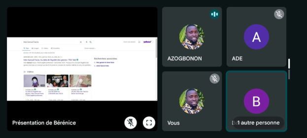 Screenshot einer Yahoo Finance-Webseite mit einer Gruppe von Menschen links, Profilbildern und Text mit Icons rechts und "Yahoo Finance - Präsentation de Bérénice" unten.
