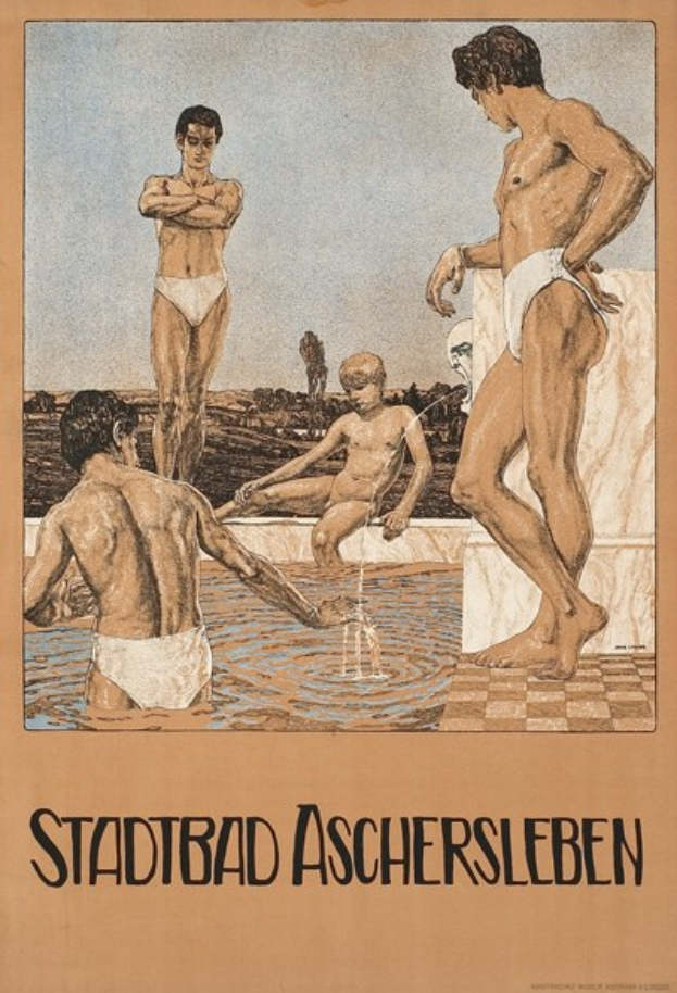 Plakat für ein Schwimmbad in Aschersleben, Deutschland, das Menschen im Wasser zeigt, mit einem sitzenden und Text mit Details zum Schwimmbad.