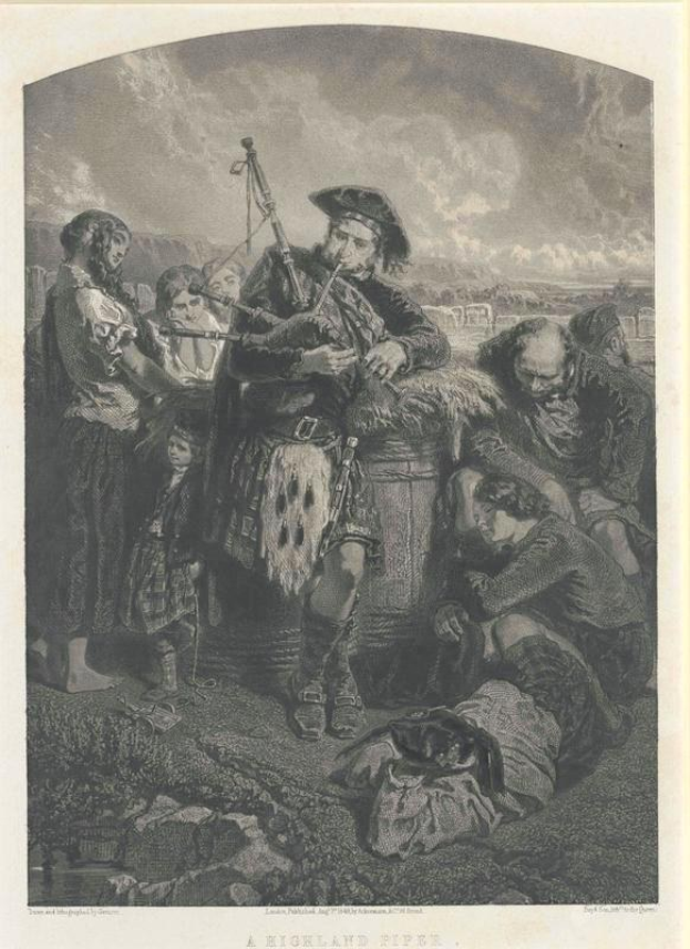 Schwarz-weißes Gravur von einem Mann, der eine Dudelsack vor einer Gruppe von Menschen mit einem bewölkten Himmel spielt, mit der Beschriftung "A Highland Pipe" unten.