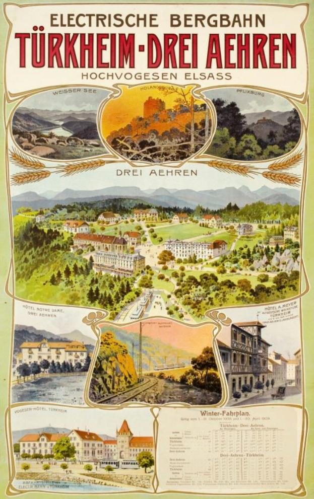 Plakat für Bergbahn, Deutschland als elektrisches Stadt, mit Bildern von Gebäuden, Bäumen, Hängen und beschreibendem Text.