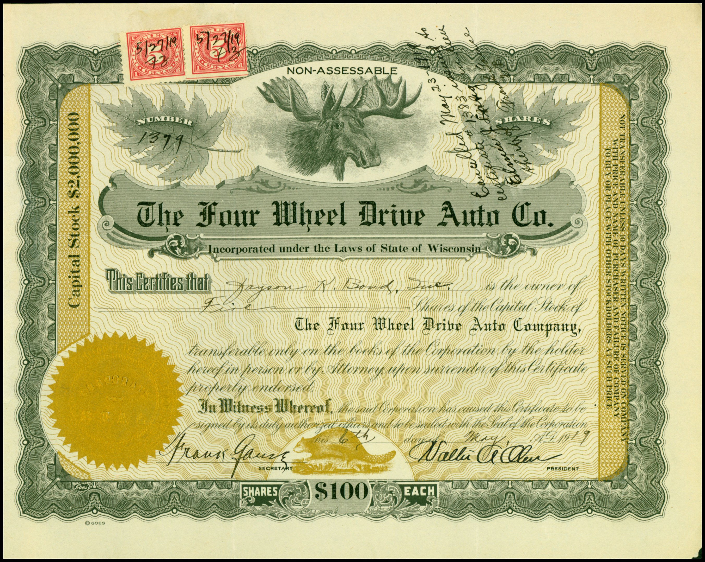 Aktienzertifikat der Four Wheel Drive Auto Co. mit Text, Zahlen, Stempeln, einem goldenen Siegel und einem Rahmen.