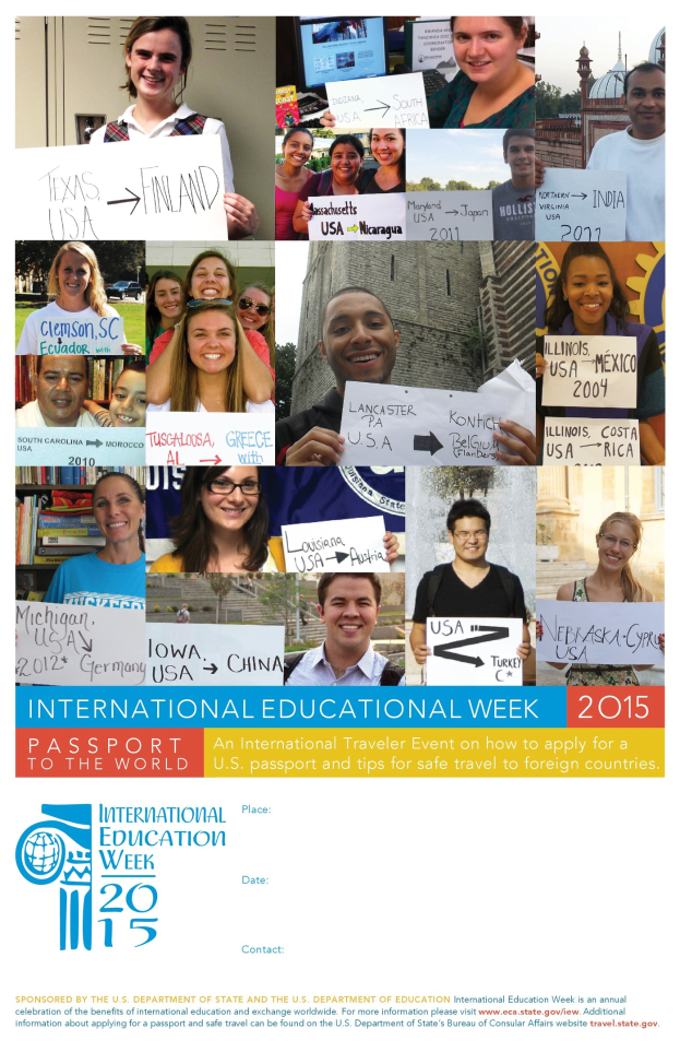 Internationaler Bildungswoche 2015 Plakat zeigt eine Gruppe von Menschen, die strahlen, während sie Schilder halten, mit Text, der Informationen zum Event enthält.