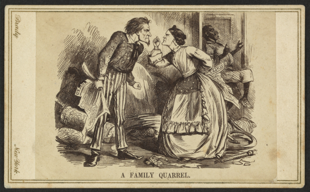 Ein Familienstreit, dargestellt mit einem Mann, der ein Objekt hält und einer Frau, die neben ihm steht, mit dem Text "Ein Familienstreit" unten.