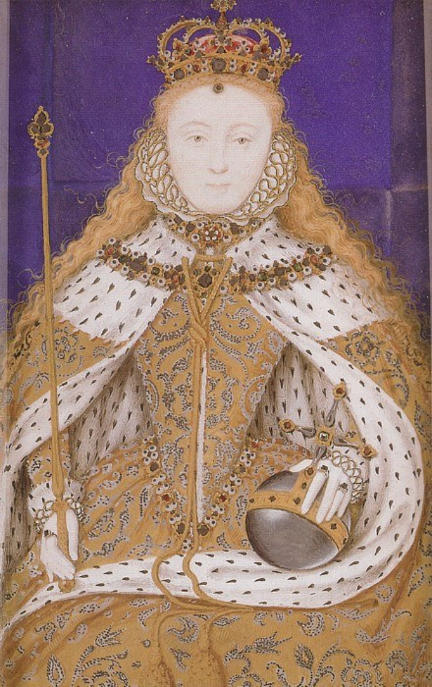 Gemälde der Queen Elizabeth I. von England in königlicher Kleidung, mit Krone, einen Stock haltend, mit Haaren in einem Dutt und einem würdevollen Gesichtsausdruck.