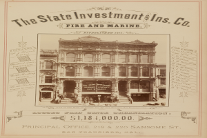 Ein altes Buch mit einem zentralen Bild eines hohen Wolkenkratzers mit einem prominenten Eingang, umgeben von Text und Zahlen, mit der Beschriftung "The State Investment Ins Co. Fire and Marine".