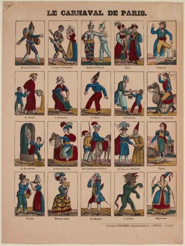 Ein Blatt mit leuchtenden, detaillierten Bildern von Menschen in farbenfrohen Karnevalskostümen aus Paris, darunter Federn und aufwändige Kopfschmuck, mit fetter Schrift.