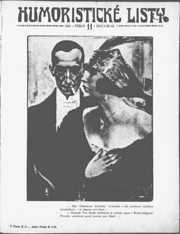 Schwarze und weiße Zeitschriftentöter mit der überschrift 'Humoristische Liste', die einen Mann in einem Anzug mit ernster Miene und eine Frau zeigt, die verschmitzt in die andere Richtung schaut.