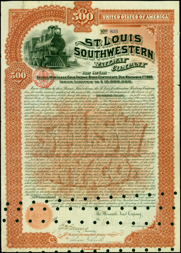 Altes Aktienzertifikat der St. Louis Southern Railway Company mit einer Illustration eines Zugs und gedruckten Unternehmensdetails.
