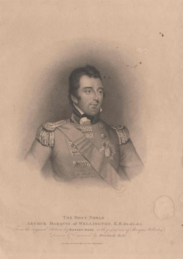 Porträt von Arthur, Marquis of Wellington, in militärischer Uniform mit Schirmmütze und Gürtelschnalle, der einen strengen Ausdruck mit direktem Blick, zurückgekämmtes Haar und ein kräftiges Kinn zeigt.