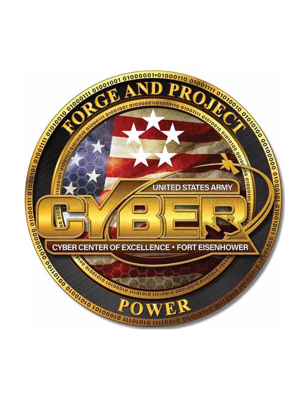 Logo der United States Army Cyber Center of Excellence auf Fort Eisenhower, mit einem blauen Kreis mit einem weißen Stern und der Text "Forge and Project Cyber Power" darunter in fetter schwarzer Schrift.