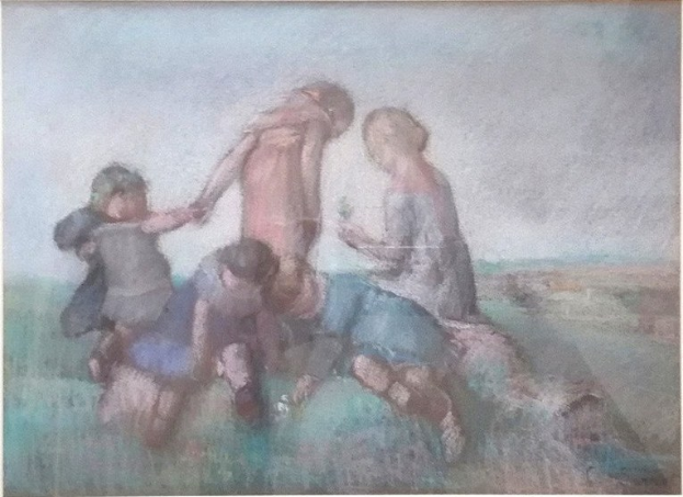 Malerei von Kindern, die auf einem Feld spielen, gerahmt, mit hellen, fröhlichen Farben und ausdrucksstarken Gesichtern.