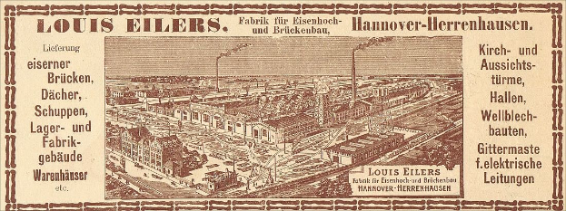 Schwarze und weiße Anzeige mit einem Foto der Louis Eilers Hannover-Herrenhausen-Fabrik und begleitendem Text.