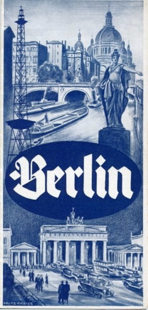 Plakat, das Berlin, Deutschland, bewirbt und eine Statue, Gebäude, einen Turm, Menschen, Fahrzeuge auf der Straße und eine Brücke zeigt, mit Text, der Informationen über die Stadt enthält.