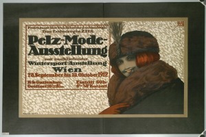 Ein Plakat für ein Wintersport-Event in Wien, Österreich, mit einer lachenden Frau in einem Pelzmantel und Hut sowie Eventdetails.