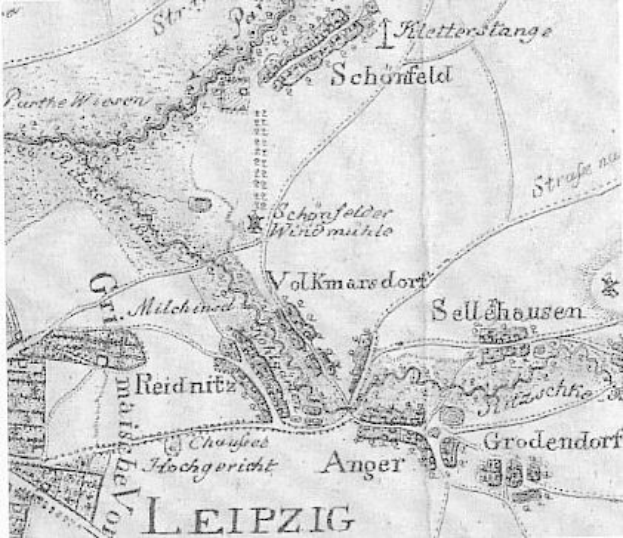Ausführliche alte Karte von Leipzig, Deutschland, die Straßen, Gebäude und Sehenswürdigkeiten zeigt, mit begleitendem Text über Bevölkerung, Straßen und bemerkenswerte Orte.