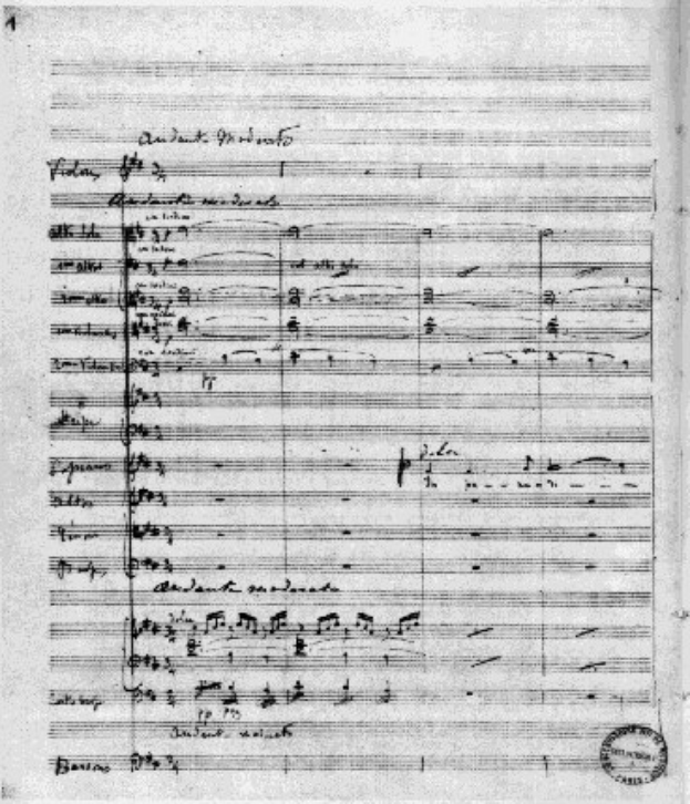 Schwarz-weißes Bild einer Notenrolle für Johann Sebastian Bachs Symphonie Nr. 4 in G-Dur, Op. 63, mit einem Stempel in der rechten unteren Ecke.
