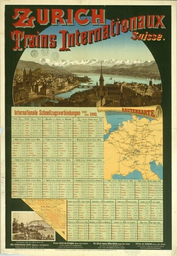 Plakat bewirbt Zürich Trains Internationalaux mit einer Karte von Zürich, Gebäuden, Wasser, Bergen und Text.