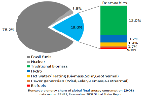 Ein Kreisdiagramm, das den globalen erneuerbaren Energieverbrauch im Jahr 2008 zeigt, unterteilt in Abschnitte für fossile Brennstoffe, Kernenergie, Wasser, Heißwasser, Heizung, Biomasse, Solar, Geothermie und Biokraftstoffe, mit begleitendem Text.