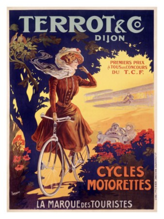Ein Plakat, das eine Fahrradreise in Frankreich ankündigt, zeigt eine Frau auf einem Fahrrad umgeben von Bäumen, Blumen und anderen Menschen, mit Text, der die Tour beschreibt.