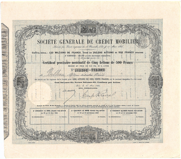 Alte Aktienurkunde ausgestellt von der Société Générale de Crédit Mobilier, die gedruckten Text auf altem Papier enthält.
