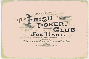 Ein Plakat mit der Aufschrift "The Irish Poker Club" in schwarzer Schrift auf einem weißen Hintergrund, eingerahmt von einem schwarzen Rand, mit einer bunten Kleeblatt-Illustration.
