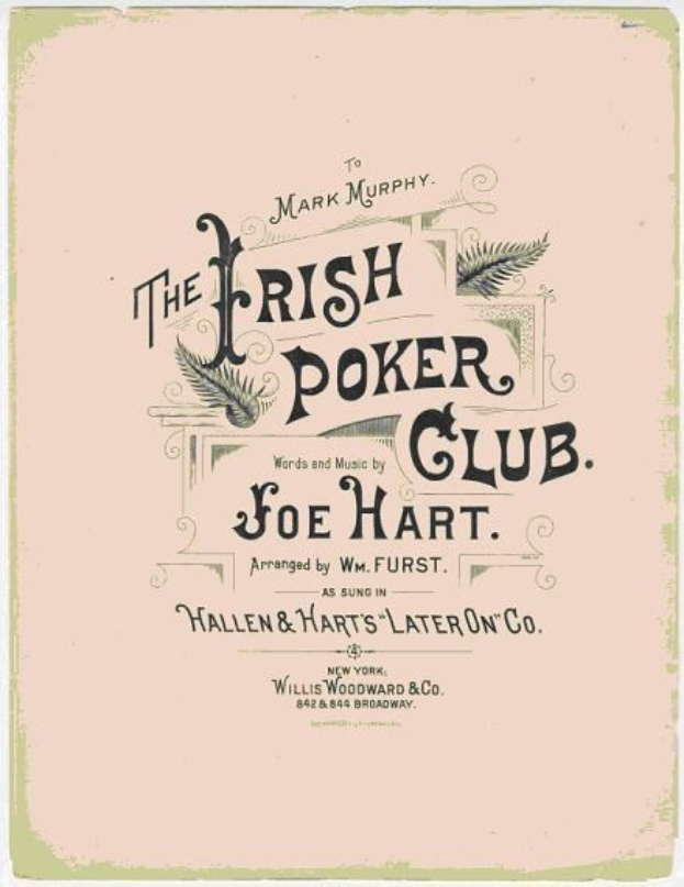 Ein Plakat mit der Aufschrift "The Irish Poker Club" in schwarzer Schrift auf einem weißen Hintergrund, eingerahmt von einem schwarzen Rand, mit einer bunten Kleeblatt-Illustration.