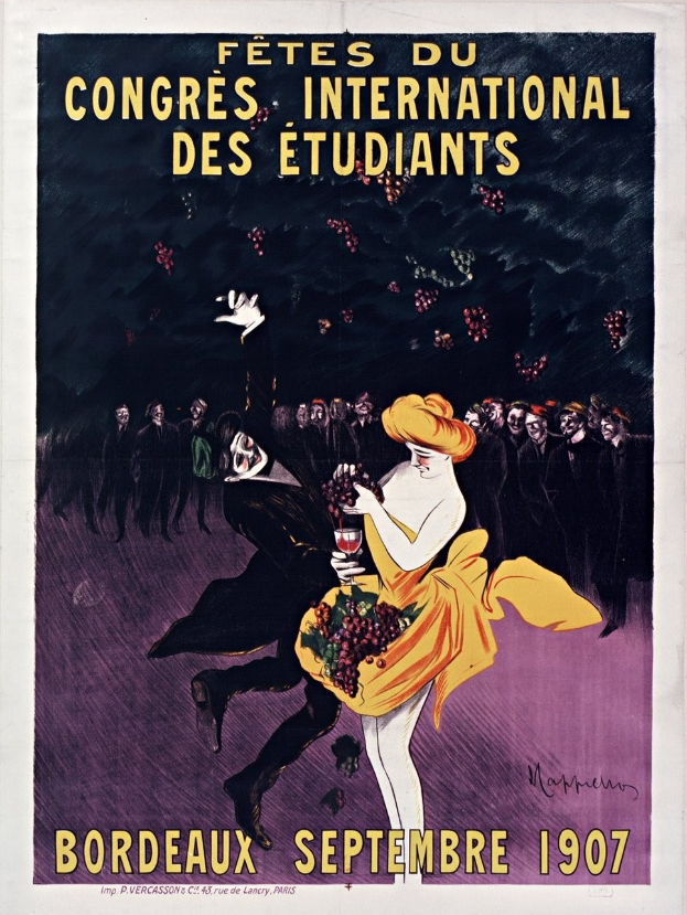 Plakat aus dem Jahr 1907 für eine Weinprobe in Bordeaux, Frankreich, das eine Frau in einem gelben Kleid mit einem Weinglas zeigt, umgeben von einer Gruppe von Menschen.