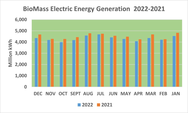 Liniengraph, der die Trends der Stromerzeugung aus Biomasse von 2021 bis 2022 zeigt, mit begleitendem erklärendem Text.