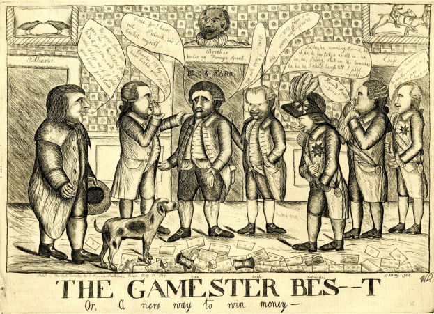 Eine historische Illustration von Menschen, die mit einem Hund spielen, mit der Überschrift "The Gamester Bes-T oder ein neuer Weg, Geld zu gewinnen."